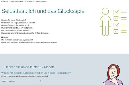 Gibst du vielleicht zu viel Geld für Glücksspiele aus?

Bist du dir nicht sicher?

Dann kannst du einen Test machen.

Schau dir unseren Test in leichter Sprache an.

Der Test ist leicht zu verstehen.

Alle können gut verstehen, worum es geht.

https://www.lsgbayern.de/hilfe-praevention/selbsttest/leichte-sprache