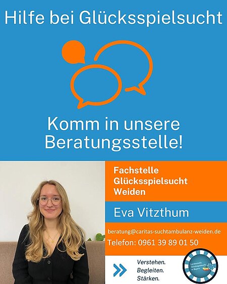 Probleme mit zu viel Glücksspiel? Und du bist in der Nähe von Weiden? Dann geh zu Eva in die Beratungsstelle. Sie kann dir helfen.